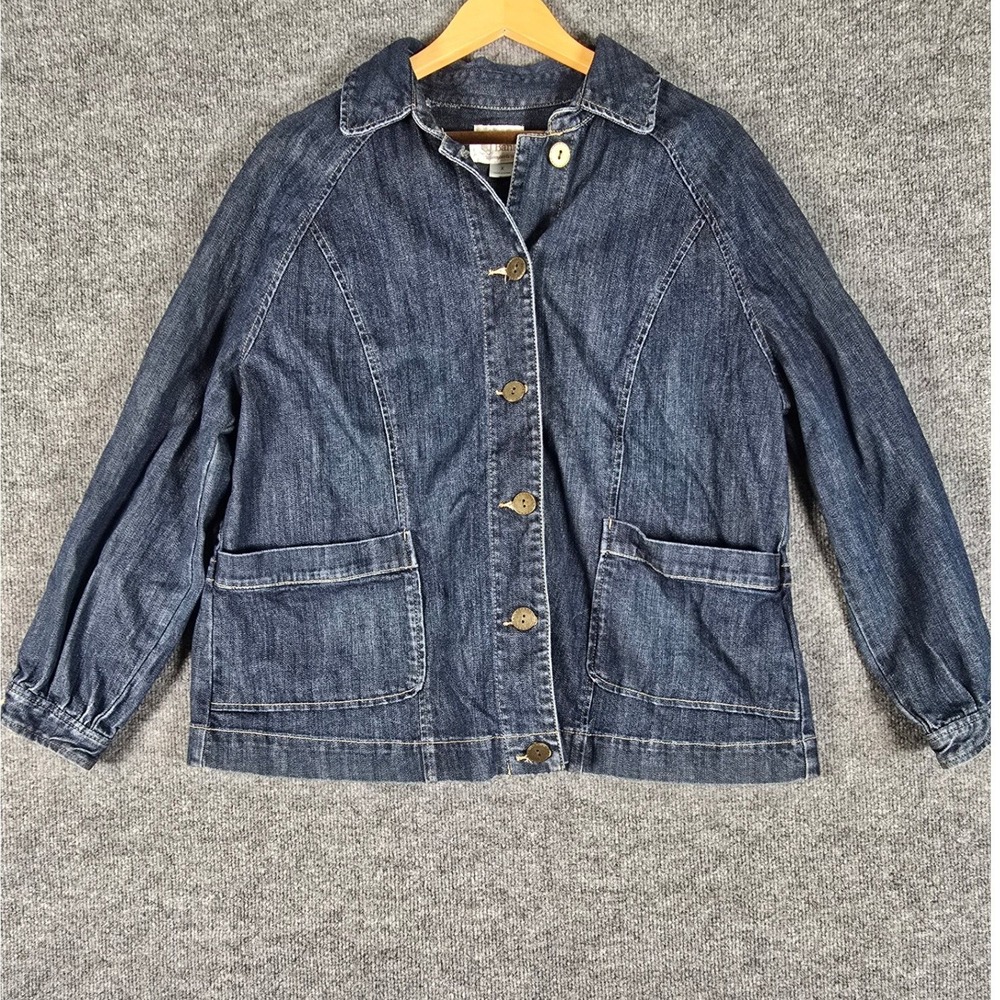 CJ Banks Womens Denim Jacket Stretch Button Front Collared Pockets Medium